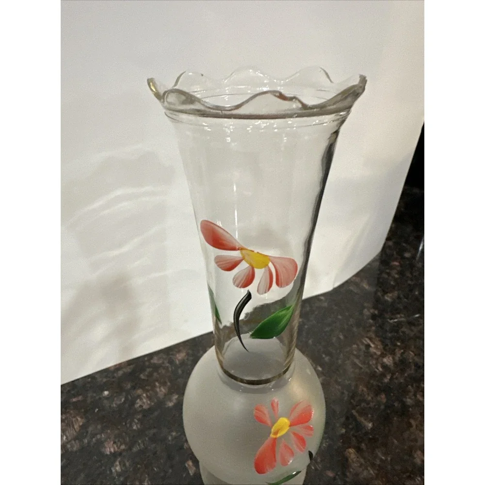 Vintage 9” Frosted Glass Bud Vase Gold Trim Hand Painted Floral Scalloped Rim